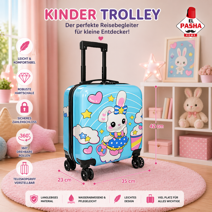 Kinder Trolley Koffer Blau 42 cm mit Hasenmotiv | EL-PASHA HOME