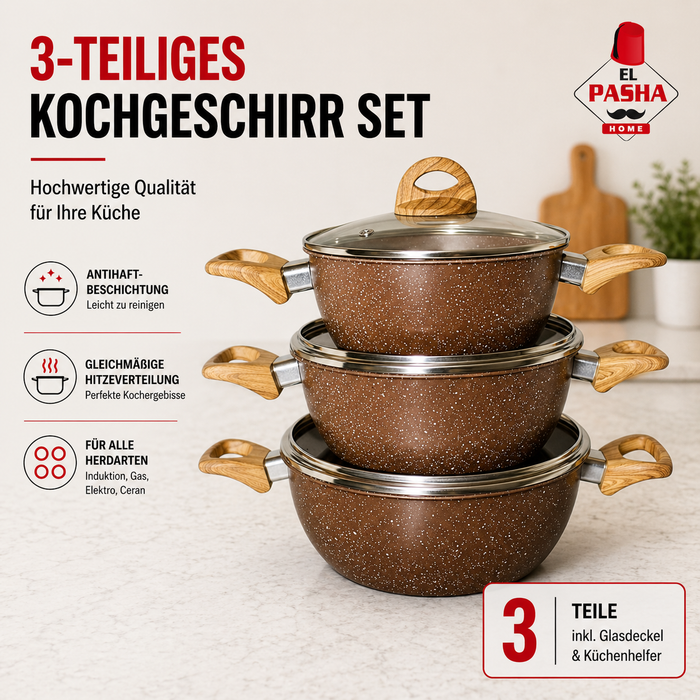 HotChef 3-teiliges Topfset Braun Granit-Optik