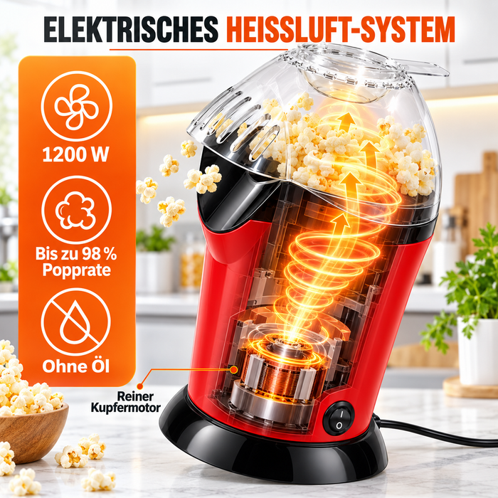 Minijoy PM-1800 Heißluft-Popcornmaschine 1200 W, 2,5 L – Rot