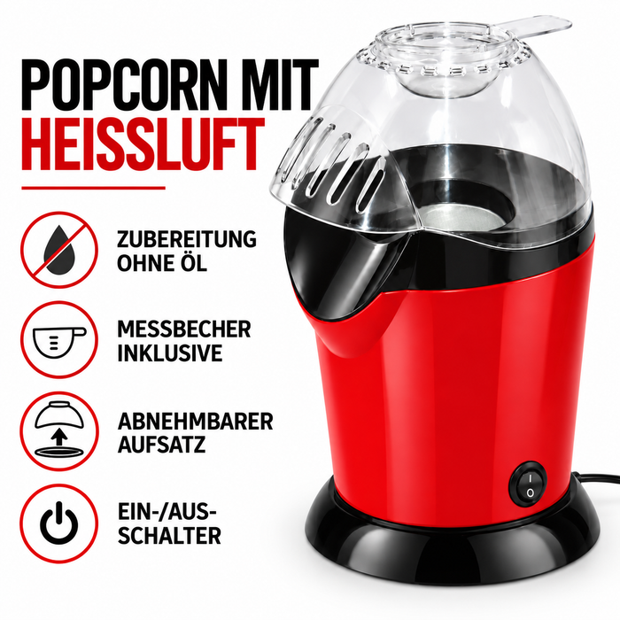 Minijoy PM-1800 Heißluft-Popcornmaschine 1200 W, 2,5 L – Rot