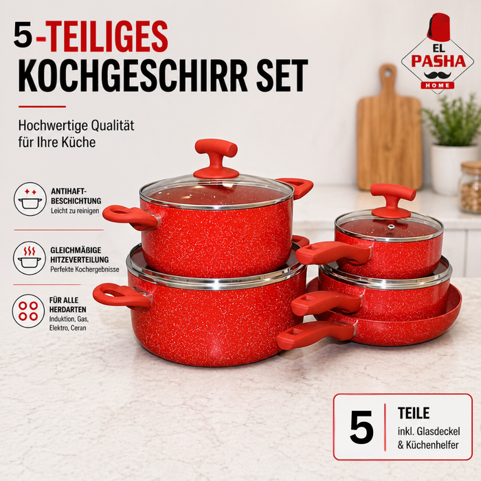 5-teiliges Kochgeschirr Set Rot Granit-Optik – Antihaft Topfset & Pfannenset mit Glasdeckeln