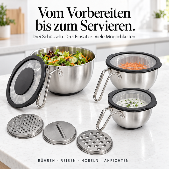 3-tlg Edelstahl Rührschüssel Set mit Deckel & Reibe | EL-PASHA HOME