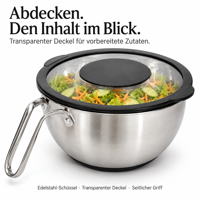 3-tlg Edelstahl Rührschüssel Set mit Deckel & Reibe | EL-PASHA HOME