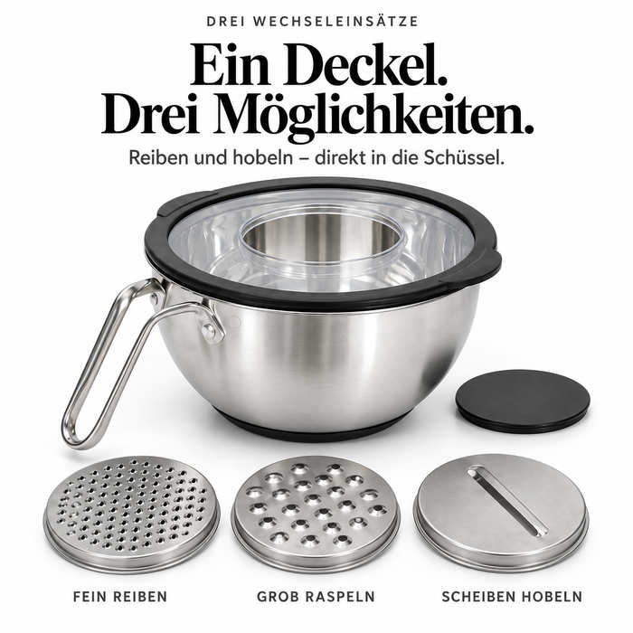 3-tlg Edelstahl Rührschüssel Set mit Deckel & Reibe | EL-PASHA HOME