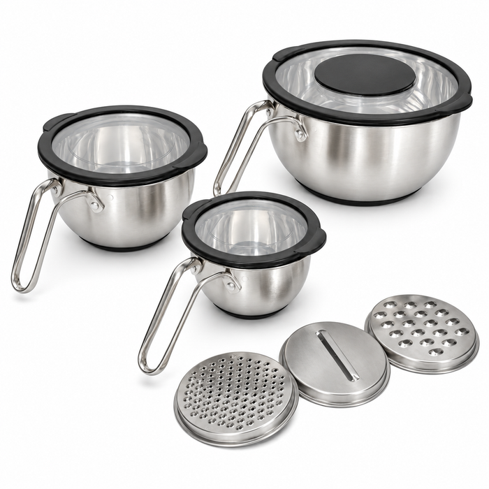 3-tlg Edelstahl Rührschüssel Set mit Deckel & Reibe | EL-PASHA HOME