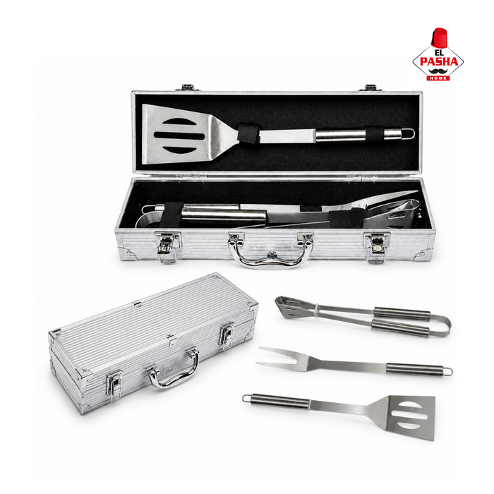 3-tlg Grillbesteck Set Edelstahl mit Alukoffer Grillzange Wender Gabel