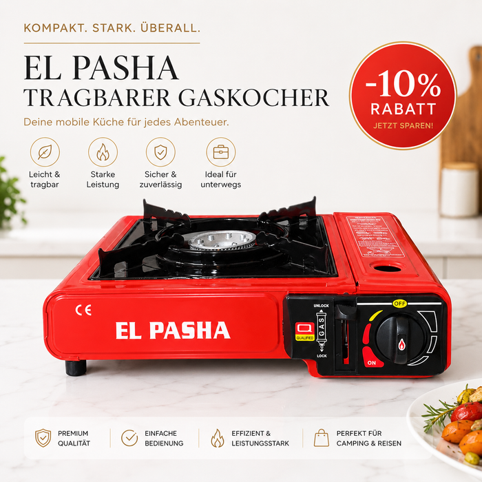 EL PASHA Tragbarer Gaskocher Rot mit Aufbewahrungskoffer
