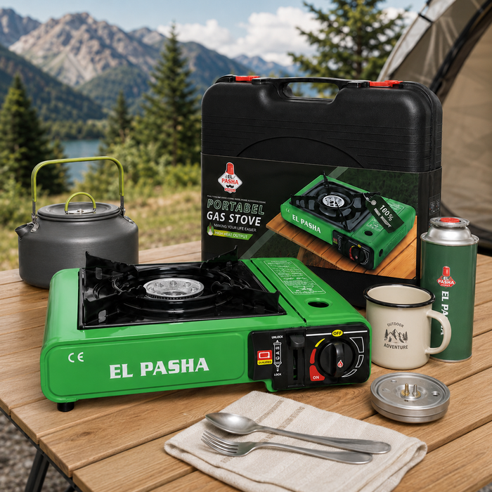 Tragbarer Gaskocher mit Koffer – EL PASHA Campingkocher Grün