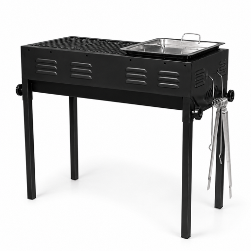 2-in-1 Holzkohlegrill BBQ Grill mit Grillrost Grillplatte Garten