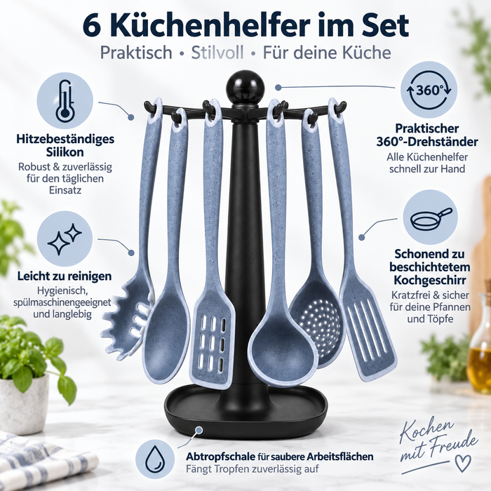 Silikon Küchenhelfer Set 6-tlg mit Drehständer Grau | EL-PASHA HOME