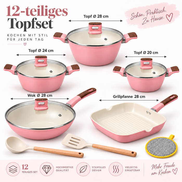 Rosa Kochtopf mit Keramikbeschichtung und Glasdeckel mit Dampföffnung