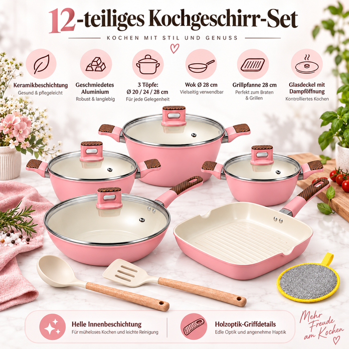 Rosa Kochgeschirr-Set mit Wok 28 cm und Grillpfanne 28 cm