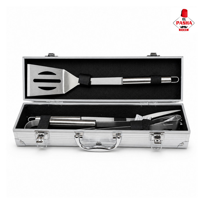 3-tlg Grillbesteck Set Edelstahl mit Alukoffer Grillzange Wender Gabel