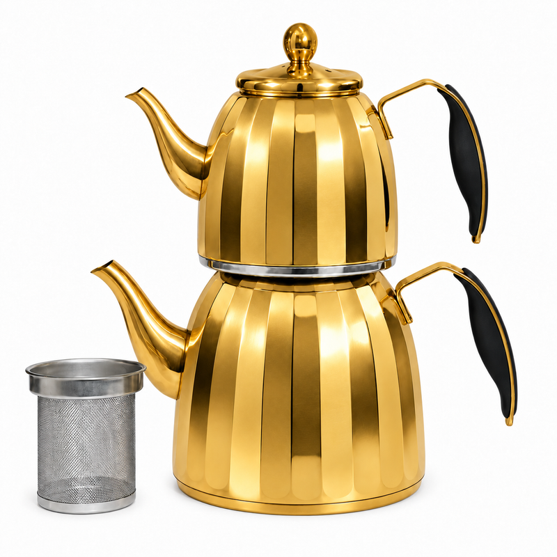 Caydanlik Teekanne Set Gold 2-teilig Edelstahl 1 Liter 2 Liter