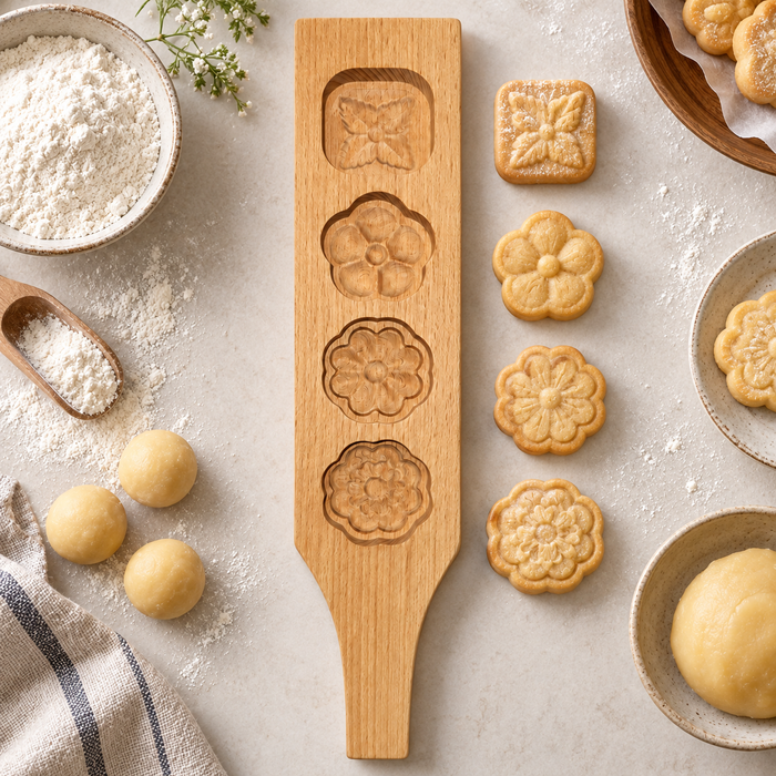 Mooncake Form aus Holz bei der Anwendung mit Teig