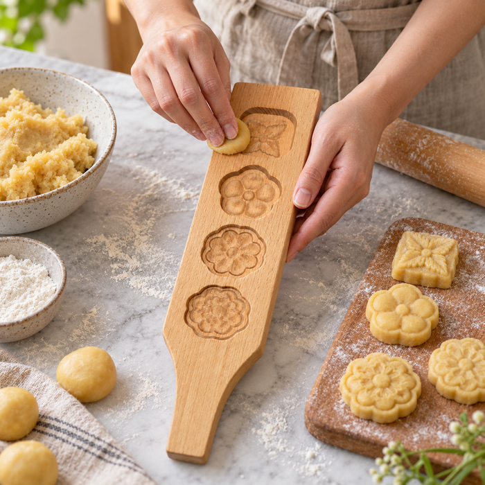 Vier geprägte Gebäckformen neben der Mooncake Holzform