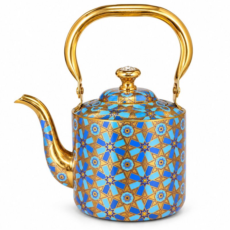Edelstahl Wasserkessel 1,5 L Blau Gold mit geometrischem Ornamentmuster