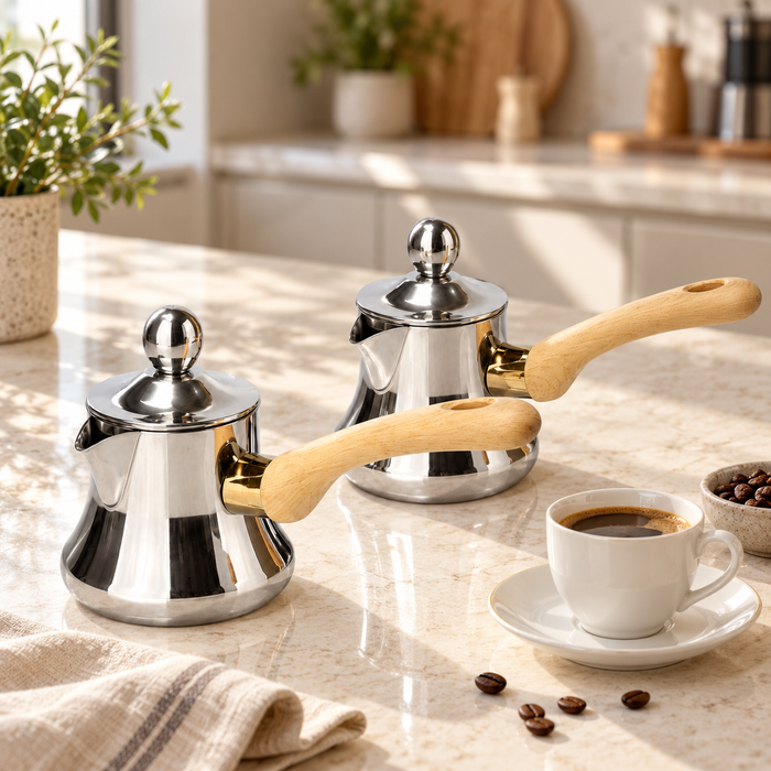 Mokkakännchen Set in zwei Größen mit silberfarbener Oberfläche