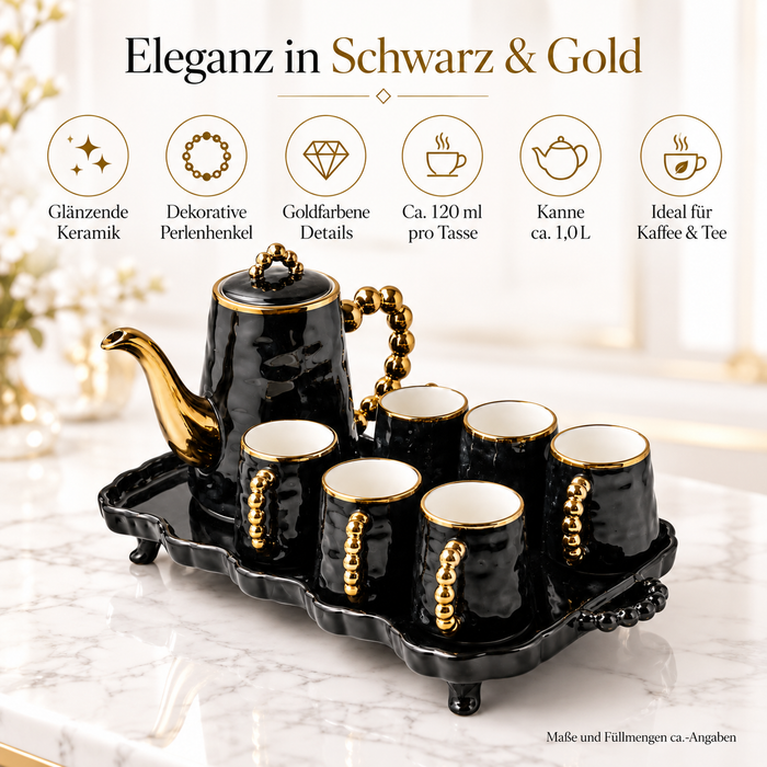 6 Keramiktassen Schwarz Gold mit dekorativen Kugelhenkeln