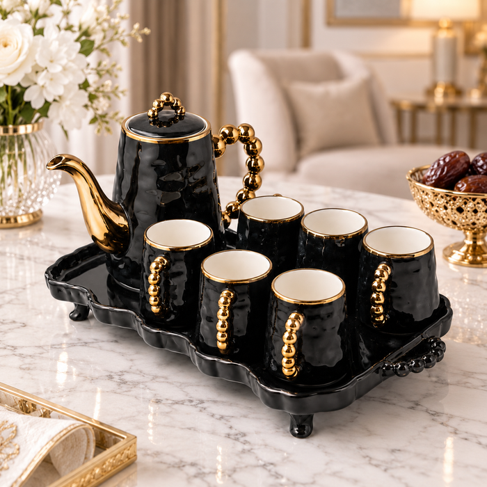 8-teiliges Keramik Kaffeeservice Schwarz Gold mit Tablett