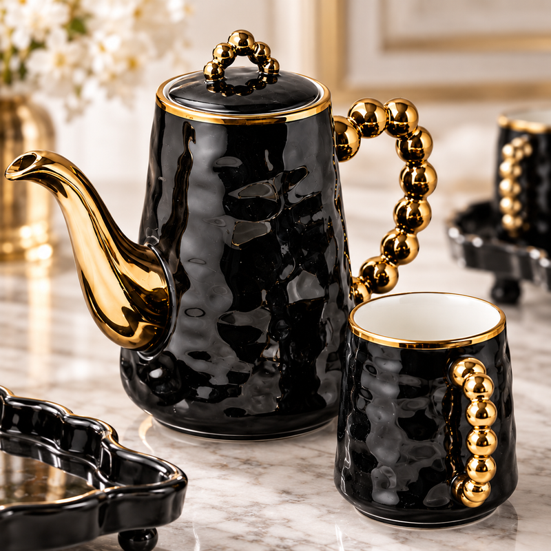 8-teiliges Kaffee- und Teeservice aus Keramik Schwarz Gold