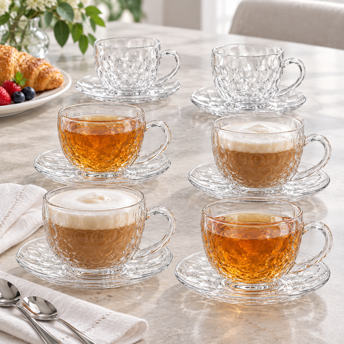 6 Kaffeetassen aus Glas mit Untertassen für Kaffee und Tee