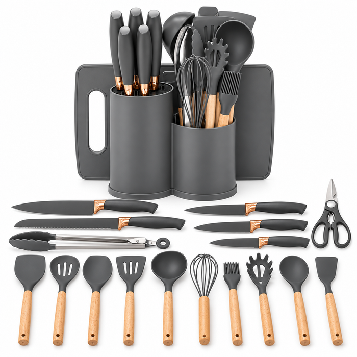 19-tlg Küchenhelfer Set Grau mit 5 Messern & Organizer | EL-PASHA HOME