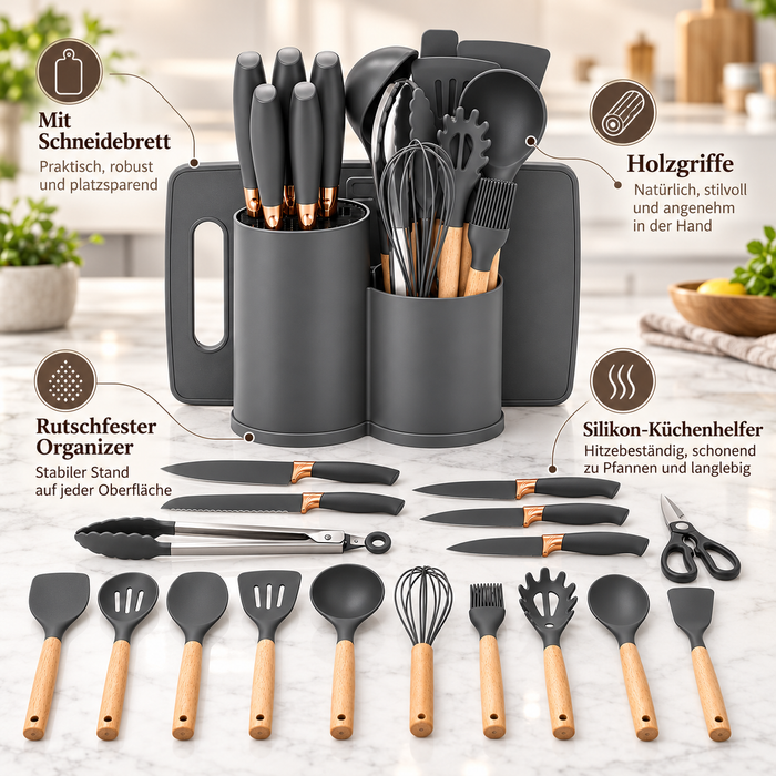 19-tlg Küchenhelfer Set Grau mit 5 Messern & Organizer | EL-PASHA HOME