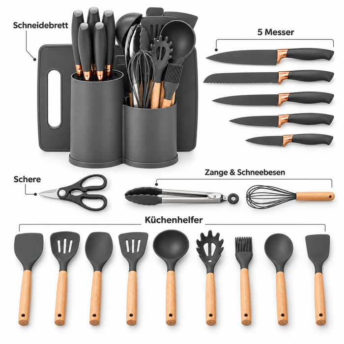 19-tlg Küchenhelfer Set Grau mit 5 Messern & Organizer | EL-PASHA HOME