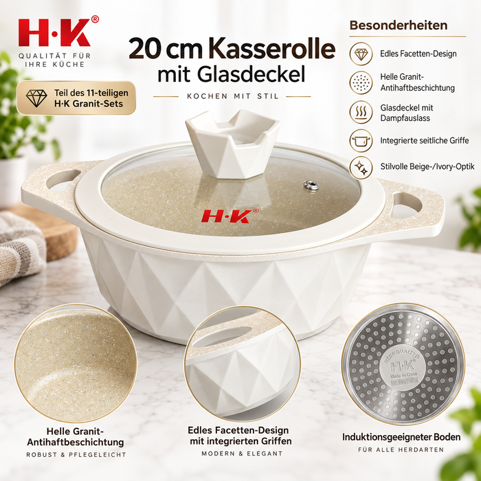 H.K Granite Topfset Beige mit vier Glasdeckeln und Dampfventil