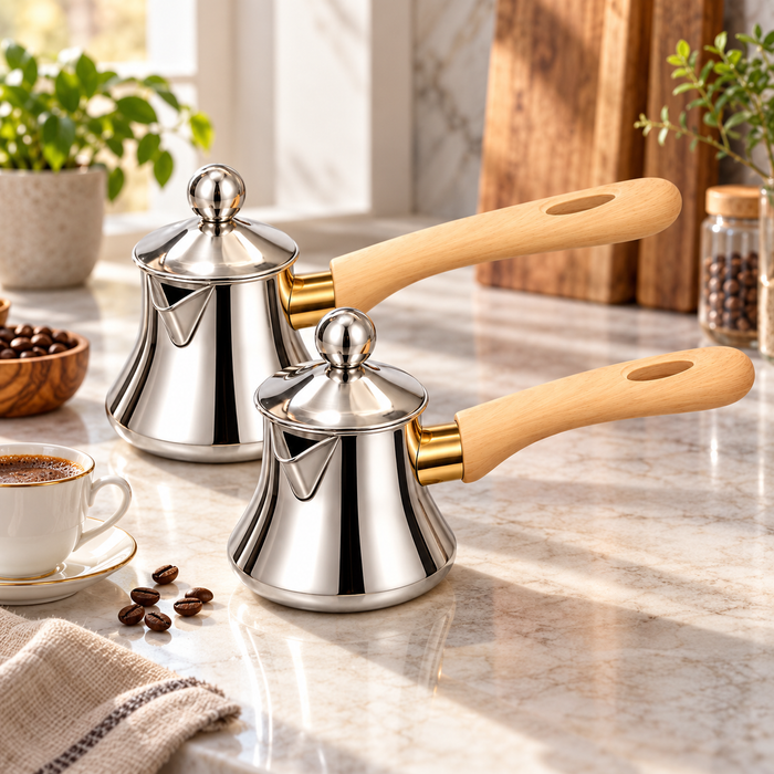 2er Coffee Pot Set silberfarben mit Griffen in Holzoptik