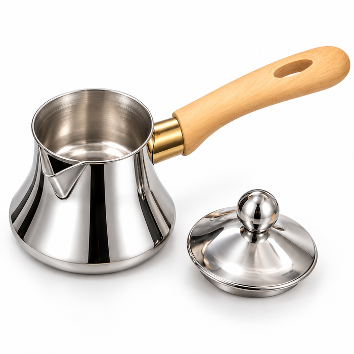 2er Coffee Pot Set silberfarben mit Griffen in Holzoptik