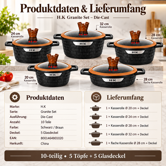 10-teiliges H.K Kochgeschirr Set Granite Die-Cast