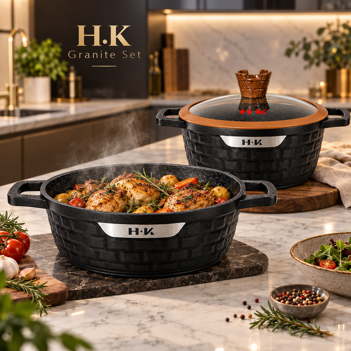 H.K Granite Topfset Schwarz Braun in moderner Küche