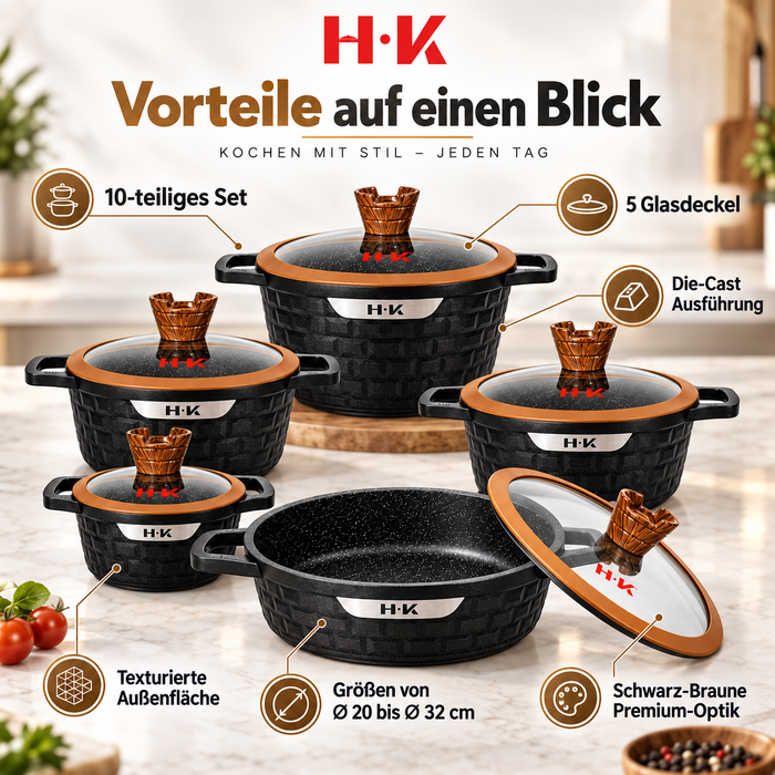 H.K 10-teiliges Topfset mit Glasdeckeln und strukturiertem Design