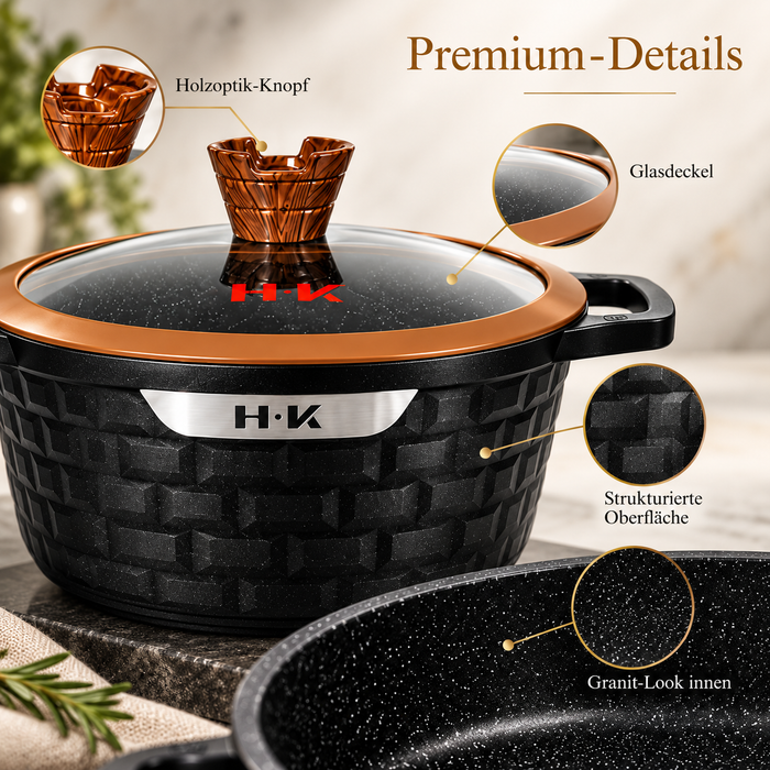 H.K 10-teiliges Topfset mit Glasdeckeln und strukturiertem Design