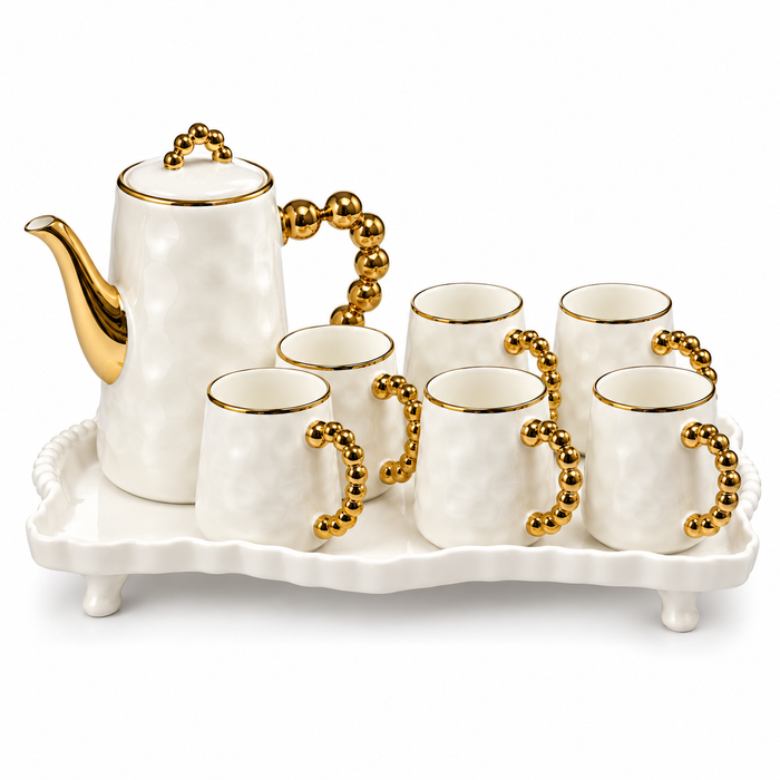 8-teiliges Kaffeeservice Weiß Gold mit Kanne und sechs Tassen