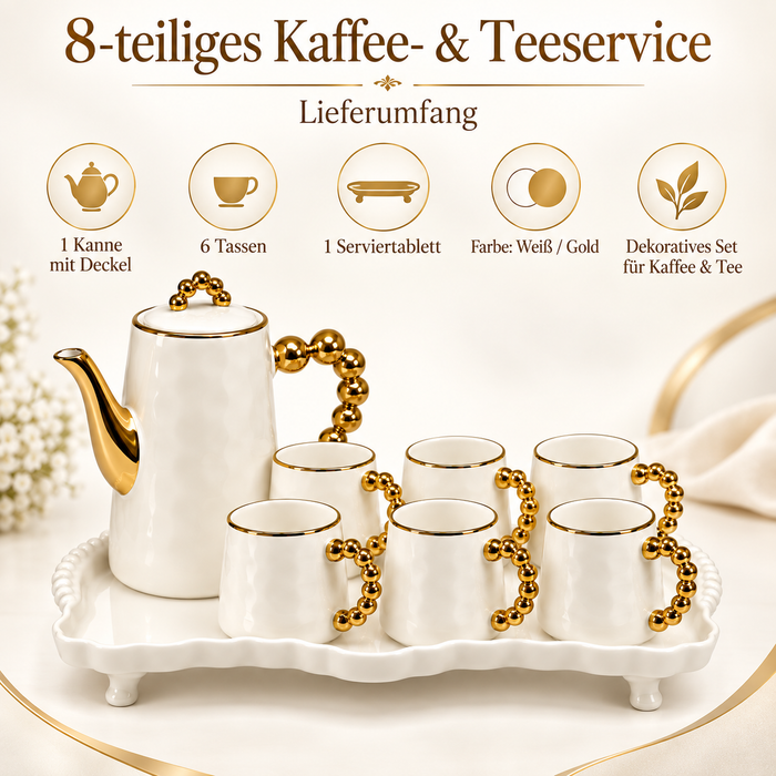 Kaffeeservice Weiß Gold für sechs Personen mit dekorativen Kugelhenkeln