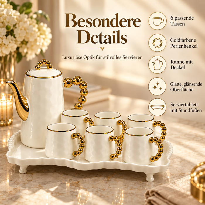 8-teiliges Kaffee Teeservice Lieferumfang mit sechs Tassen Kanne und Tablett