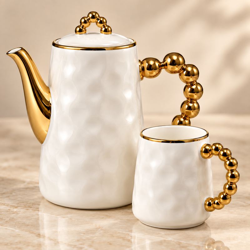 Kaffeeservice Weiß Gold beim Einschenken von Kaffee
