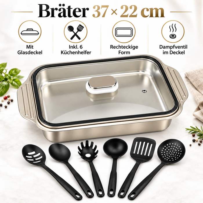 Edelstahl Bräter 37 × 22 × 5,5 cm mit Glasdeckel & 6 Küchenhelfern