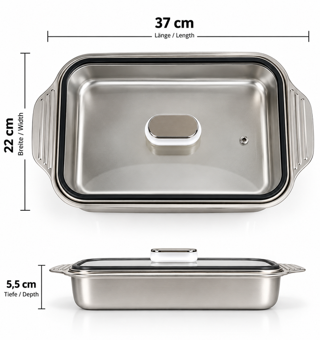 Edelstahl Bräter 37 × 22 × 5,5 cm mit Glasdeckel & 6 Küchenhelfern