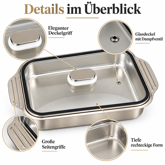 Edelstahl Bräter 37 × 22 × 5,5 cm mit Glasdeckel & 6 Küchenhelfern