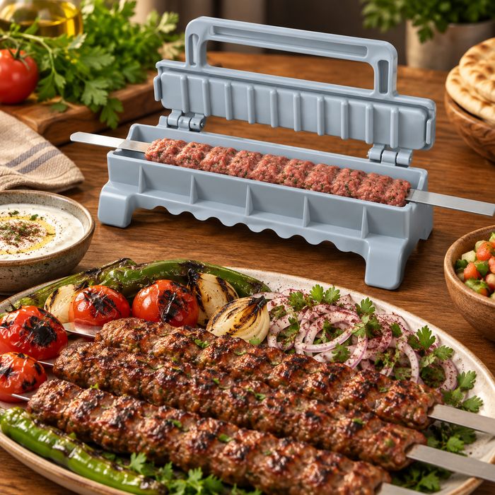 Geöffnete Kebab-Presse mit geriffelten Formflächen und integriertem Griff
