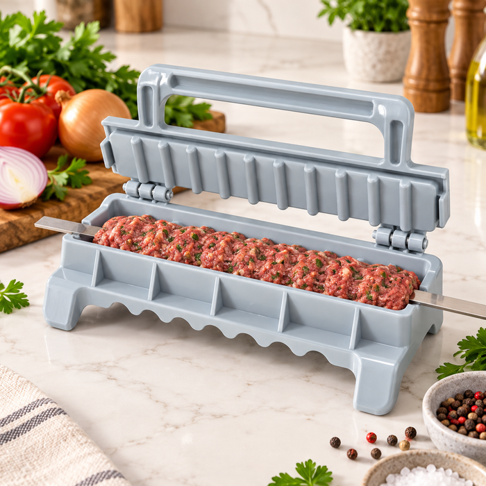 Kebab-Spießformer neben gegrillten Köfte-Spießen und orientalischen Beilagen
