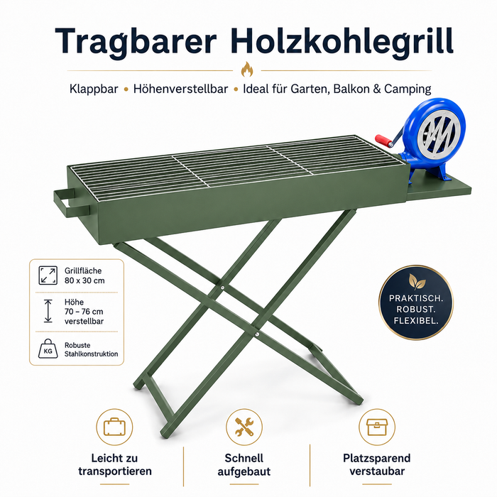 Klappbarer Holzkohlegrill mit Luftbläser Grillrost Camping Garten