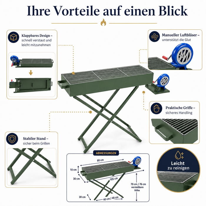 Klappbarer Holzkohlegrill mit Luftbläser Grillrost Camping Garten