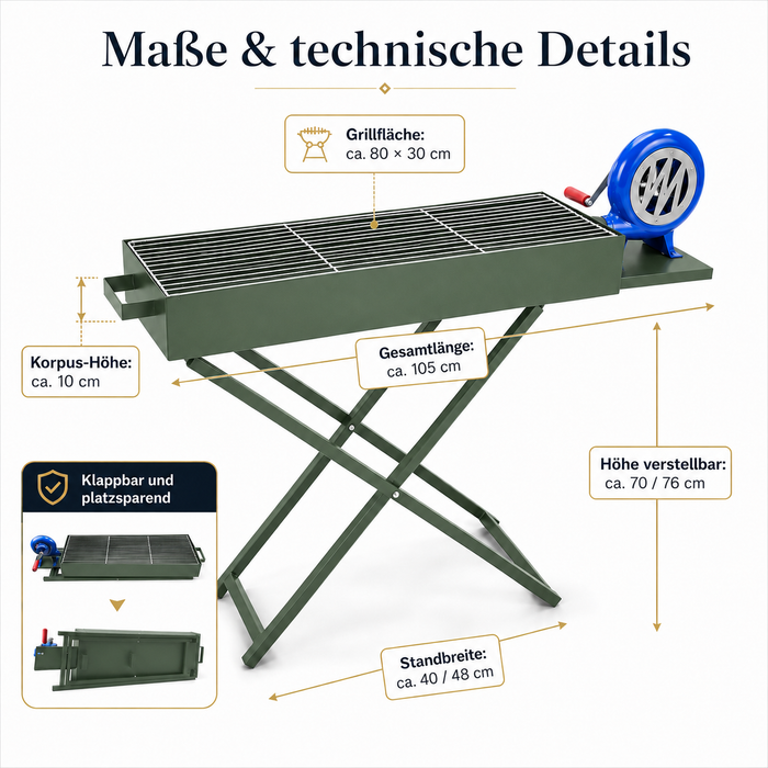 Klappbarer Holzkohlegrill mit Luftbläser Grillrost Camping Garten
