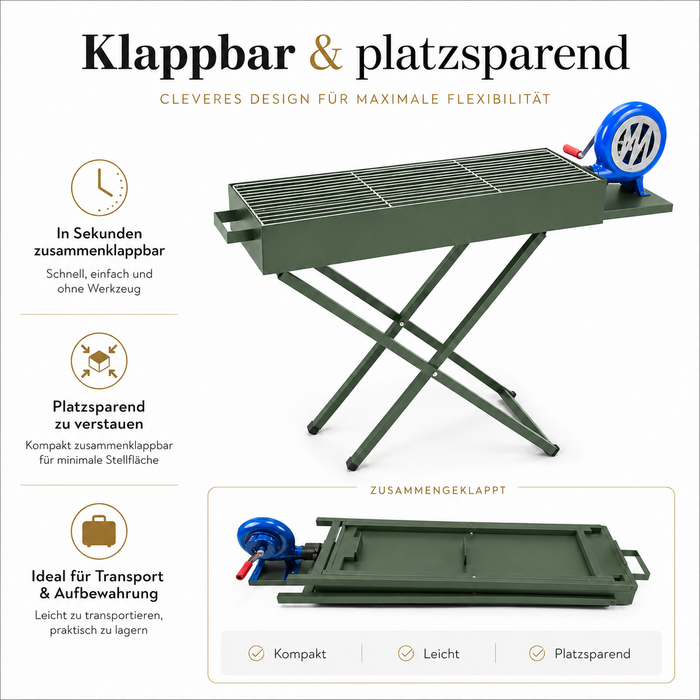 Klappbarer Holzkohlegrill mit Luftbläser Grillrost Camping Garten