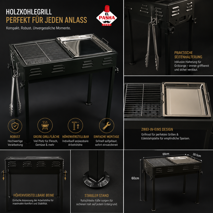 2-in-1 Holzkohlegrill BBQ Grill mit Grillrost Grillplatte Garten Camping